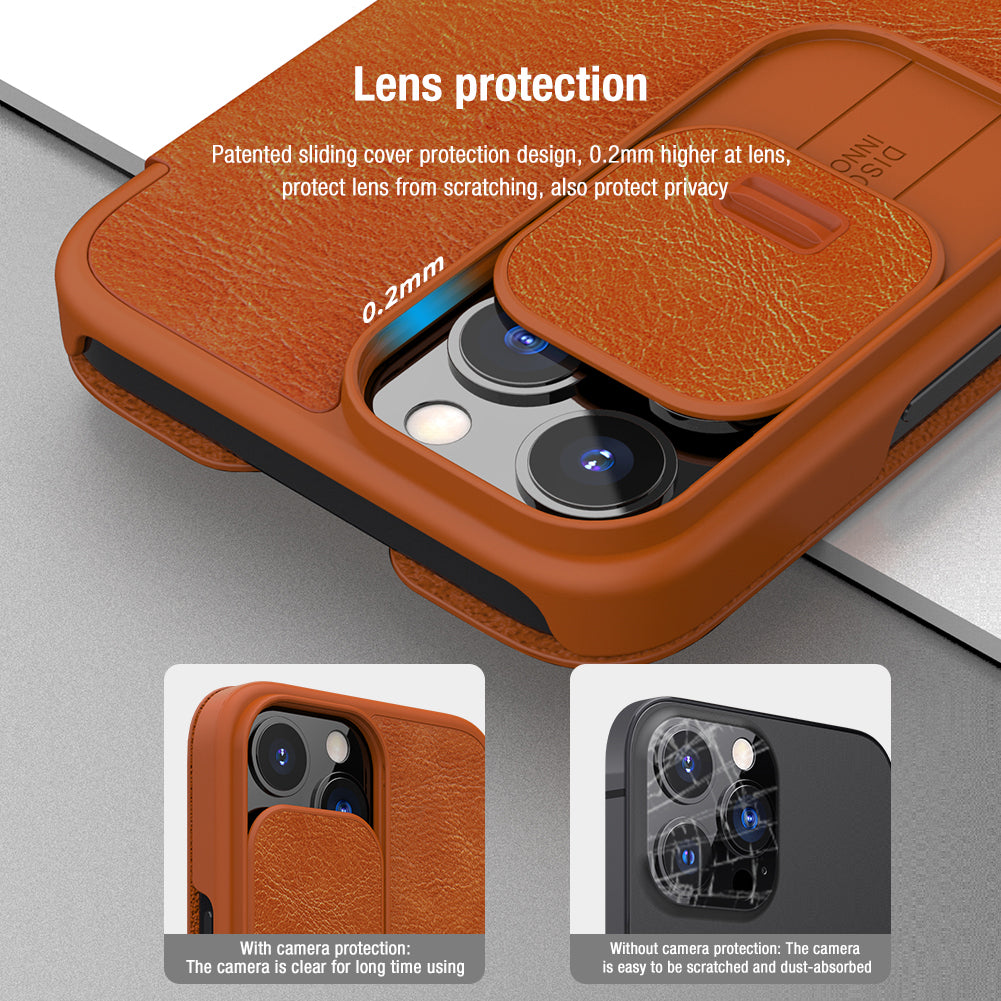 NILLKIN Qin Series Ultra Thin Sliding Cover Design Lens Protection Flip PU Leather Cover with Card Holder for iPhone 13 Pro Max 6.7 inch