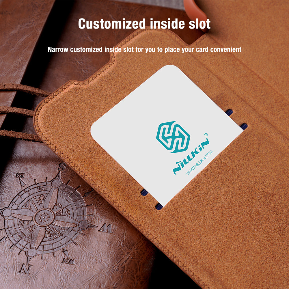NILLKIN Qin Series Ultra Thin Sliding Cover Design Lens Protection Flip PU Leather Cover with Card Holder for iPhone 13 Pro Max 6.7 inch