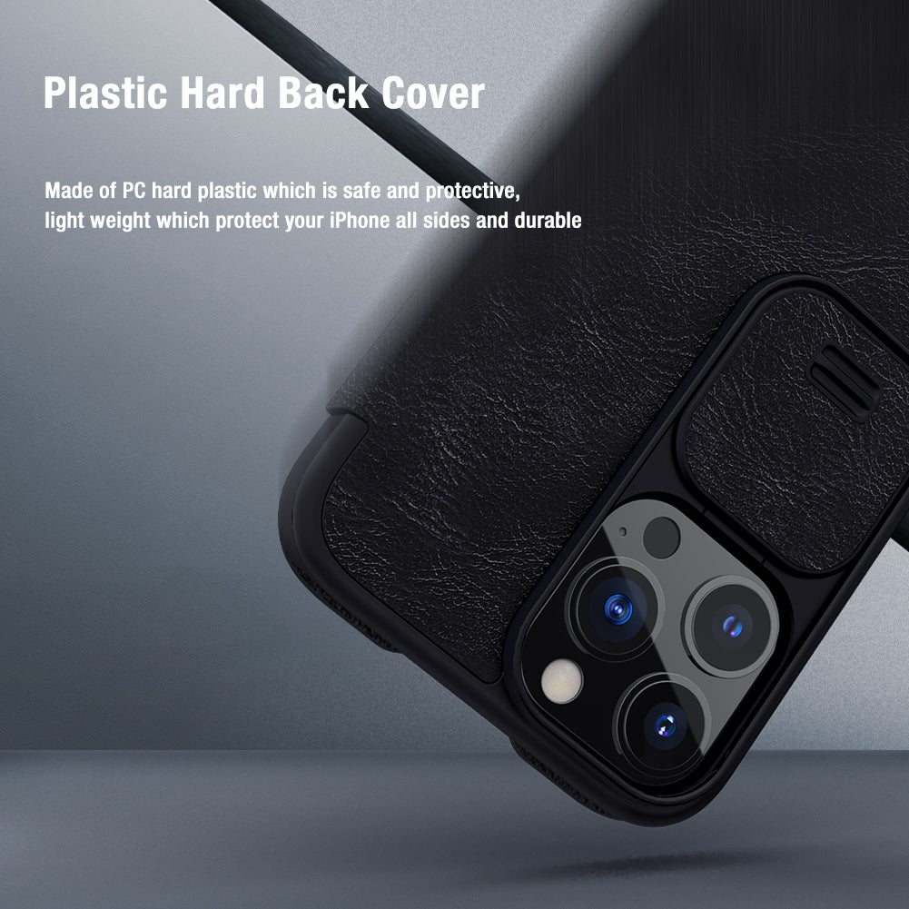 NILLKIN Qin Series Ultra Thin Sliding Cover Design Lens Protection Flip PU Leather Cover with Card Holder for iPhone 13 Pro Max 6.7 inch