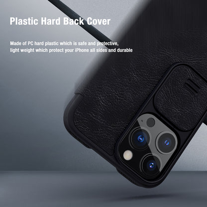 NILLKIN Qin Series Ultra Thin Sliding Cover Design Lens Protection Flip PU Leather Cover with Card Holder for iPhone 13 Pro Max 6.7 inch