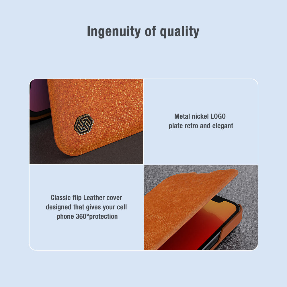 NILLKIN Qin Series Ultra Thin Sliding Cover Design Lens Protection Flip PU Leather Cover with Card Holder for iPhone 13 Pro Max 6.7 inch