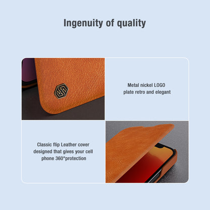 NILLKIN Qin Series Ultra Thin Sliding Cover Design Lens Protection Flip PU Leather Cover with Card Holder for iPhone 13 Pro Max 6.7 inch