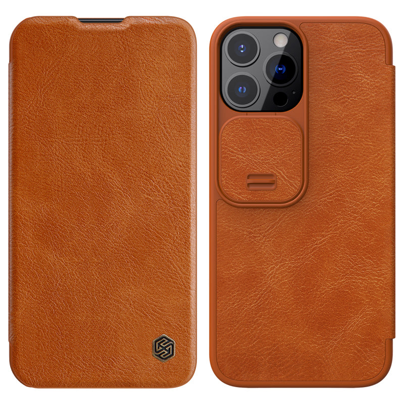 NILLKIN Qin Series Ultra Thin Sliding Cover Design Lens Protection Flip PU Leather Cover with Card Holder for iPhone 13 Pro Max 6.7 inch