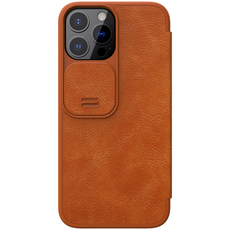 NILLKIN Qin Series Ultra Thin Sliding Cover Design Lens Protection Flip PU Leather Cover with Card Holder for iPhone 13 Pro Max 6.7 inch
