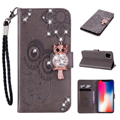 Rhinestone Decor Wallet Stand Leather Case Shell with Imprinted Owl Pattern for iPhone 13 6.1 inch