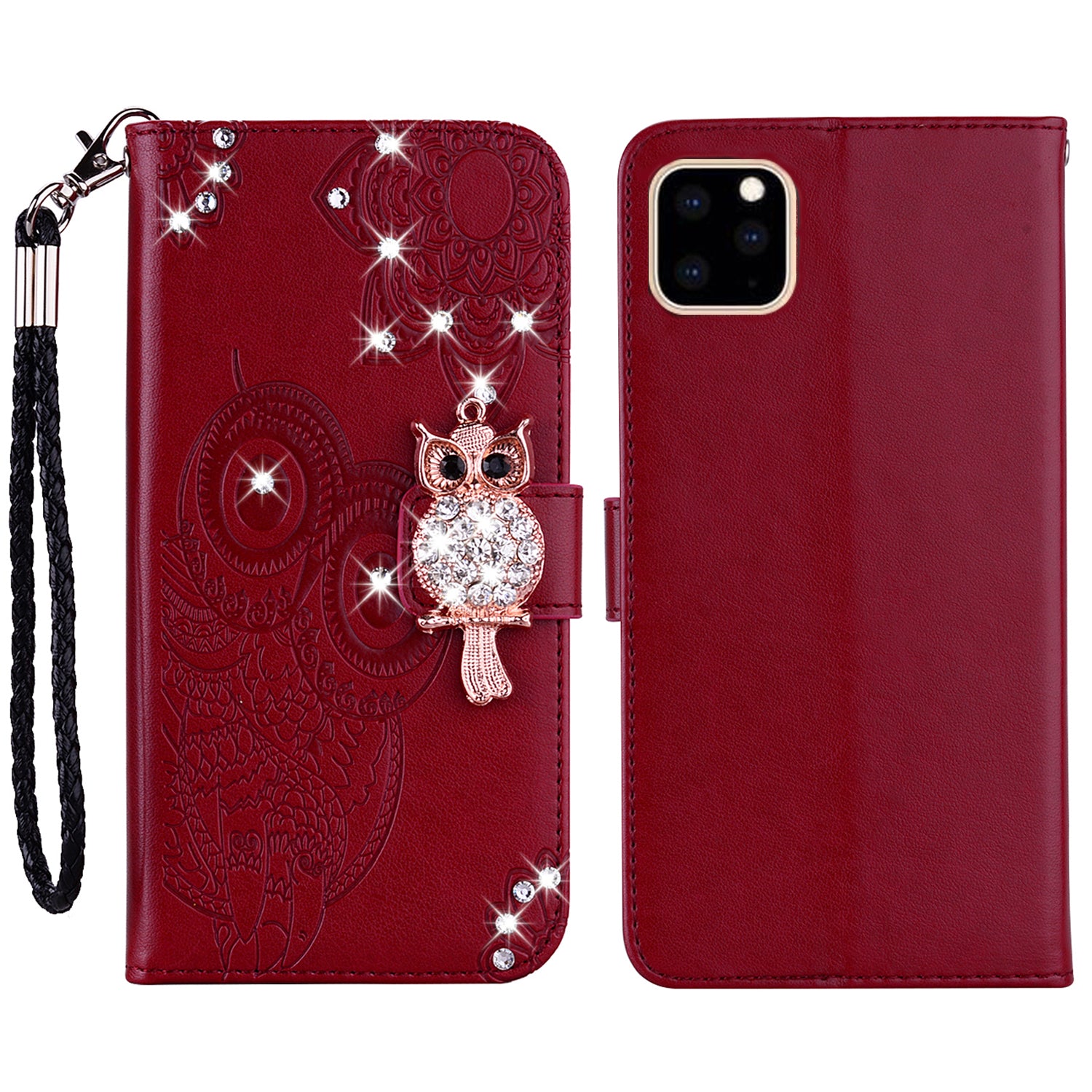 Rhinestone Decor Wallet Stand Leather Case Shell with Imprinted Owl Pattern for iPhone 13 6.1 inch
