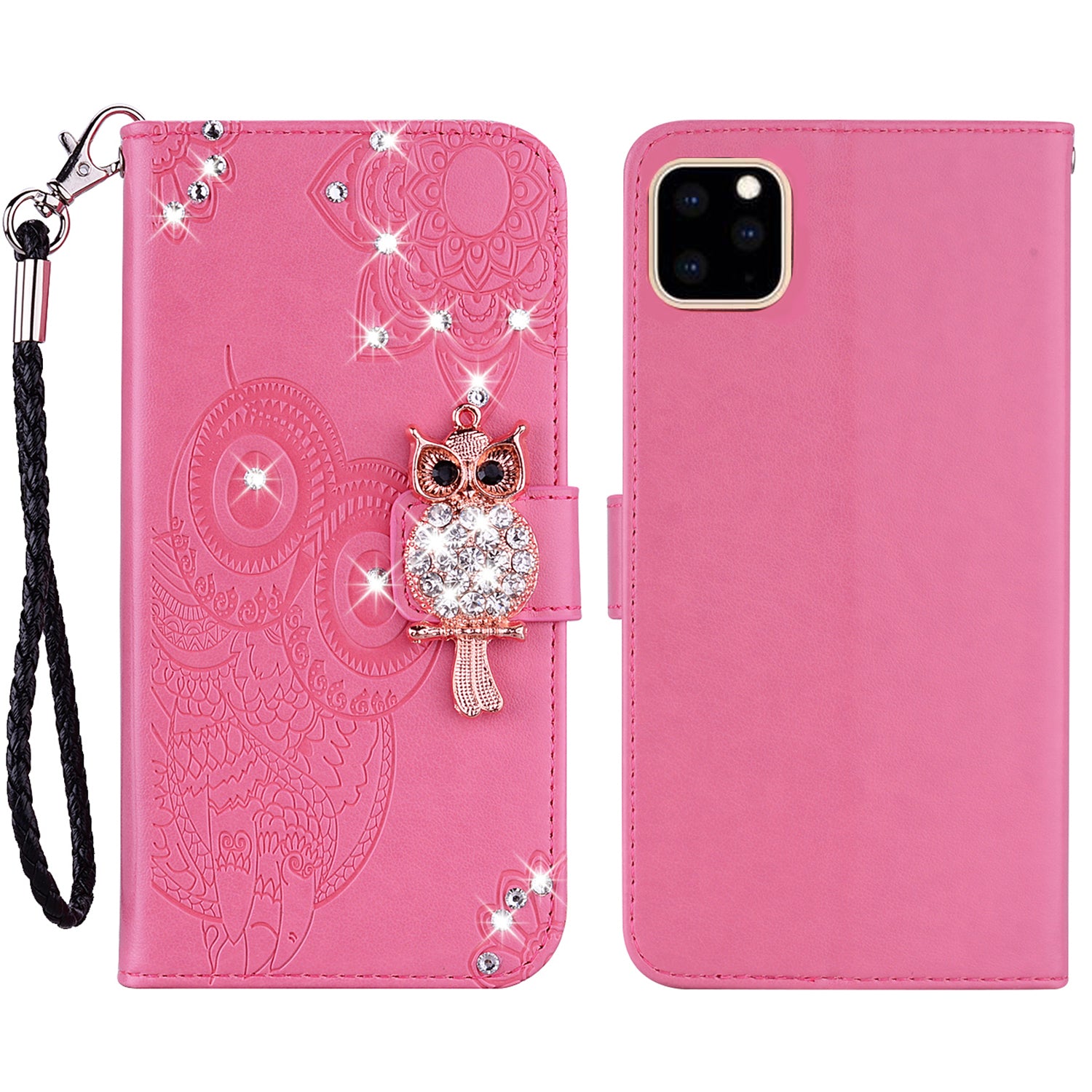 Rhinestone Decor Wallet Stand Leather Case Shell with Imprinted Owl Pattern for iPhone 13 6.1 inch