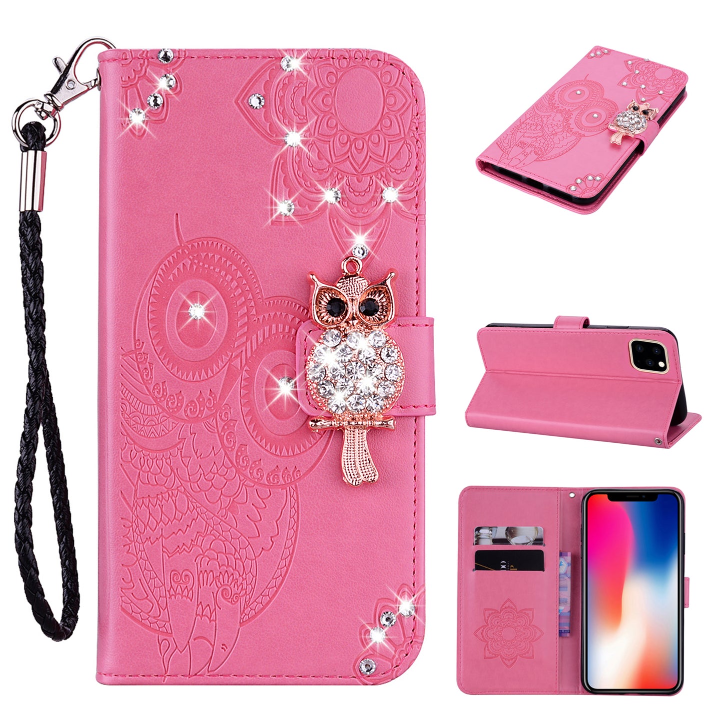 Rhinestone Decor Wallet Stand Leather Case Shell with Imprinted Owl Pattern for iPhone 13 6.1 inch