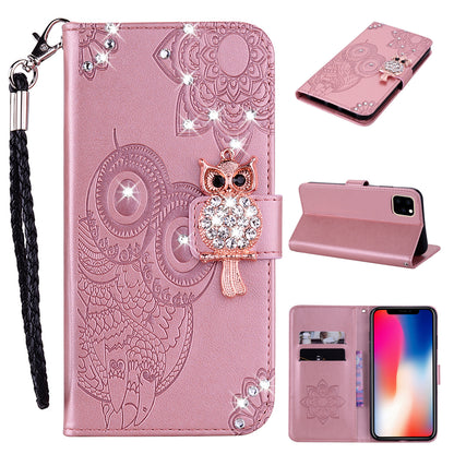 Rhinestone Decor Wallet Stand Leather Case Shell with Imprinted Owl Pattern for iPhone 13 6.1 inch