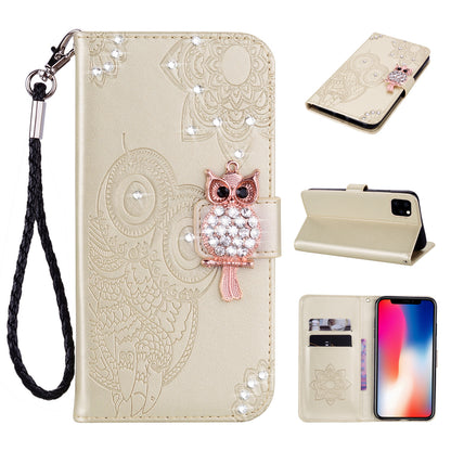 Rhinestone Decor Wallet Stand Leather Case Shell with Imprinted Owl Pattern for iPhone 13 6.1 inch