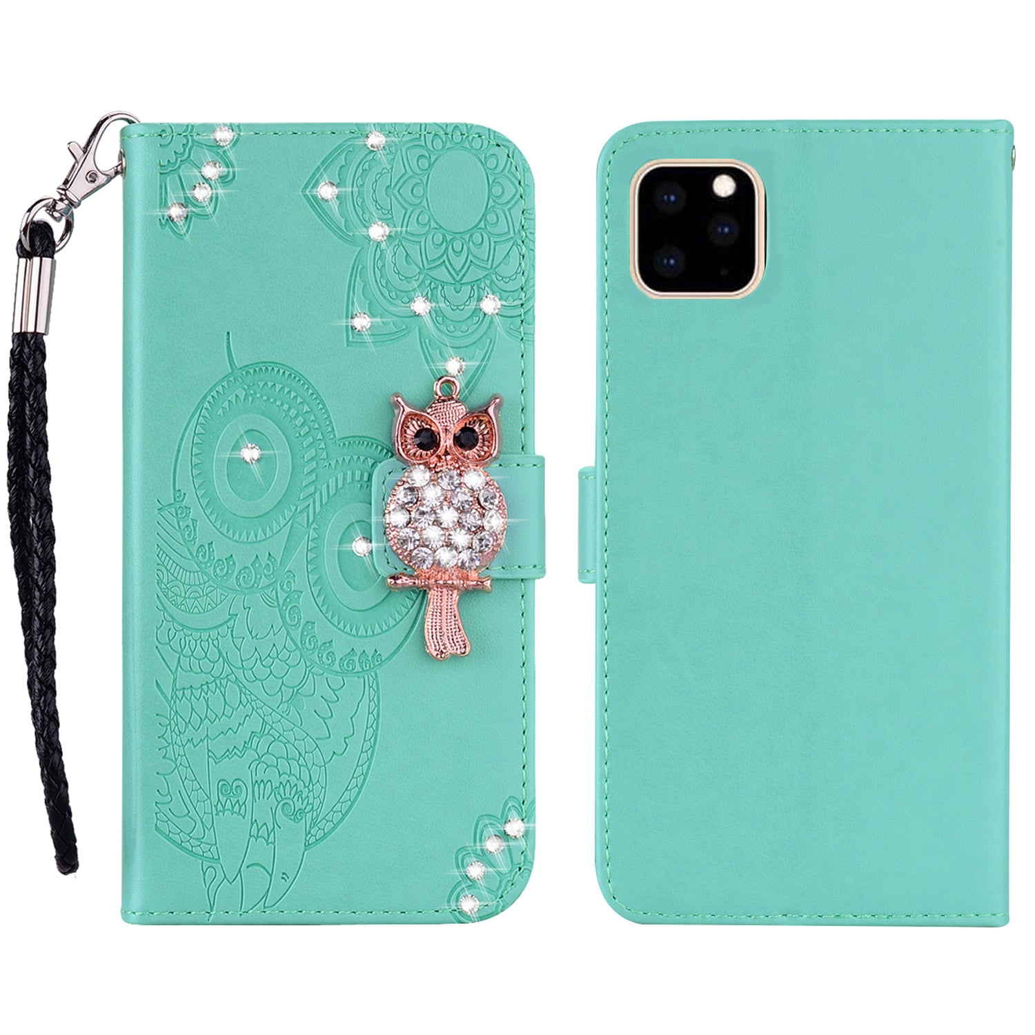 Rhinestone Decor Wallet Stand Leather Case Shell with Imprinted Owl Pattern for iPhone 13 6.1 inch
