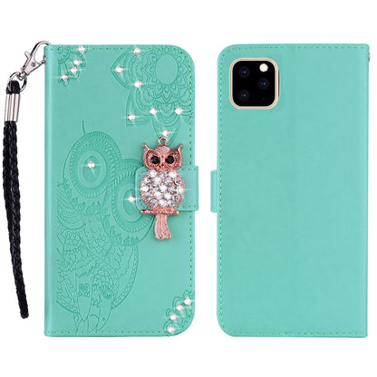 Rhinestone Decor Wallet Stand Leather Case Shell with Imprinted Owl Pattern for iPhone 13 6.1 inch
