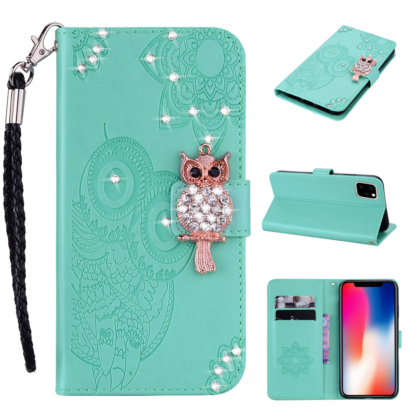 Rhinestone Decor Wallet Stand Leather Case Shell with Imprinted Owl Pattern for iPhone 13 6.1 inch