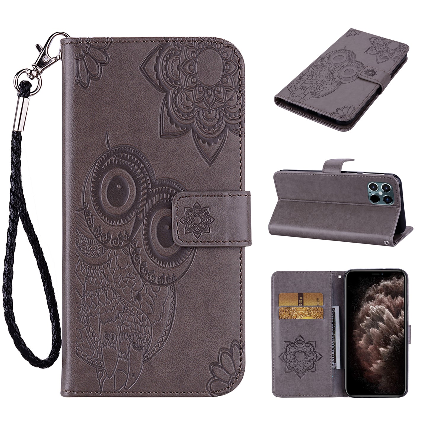 Imprinted Owl Flower PU Leather Phone Stand Case Wallet Shell for iPhone 13 Pro Max 6.7 inch
