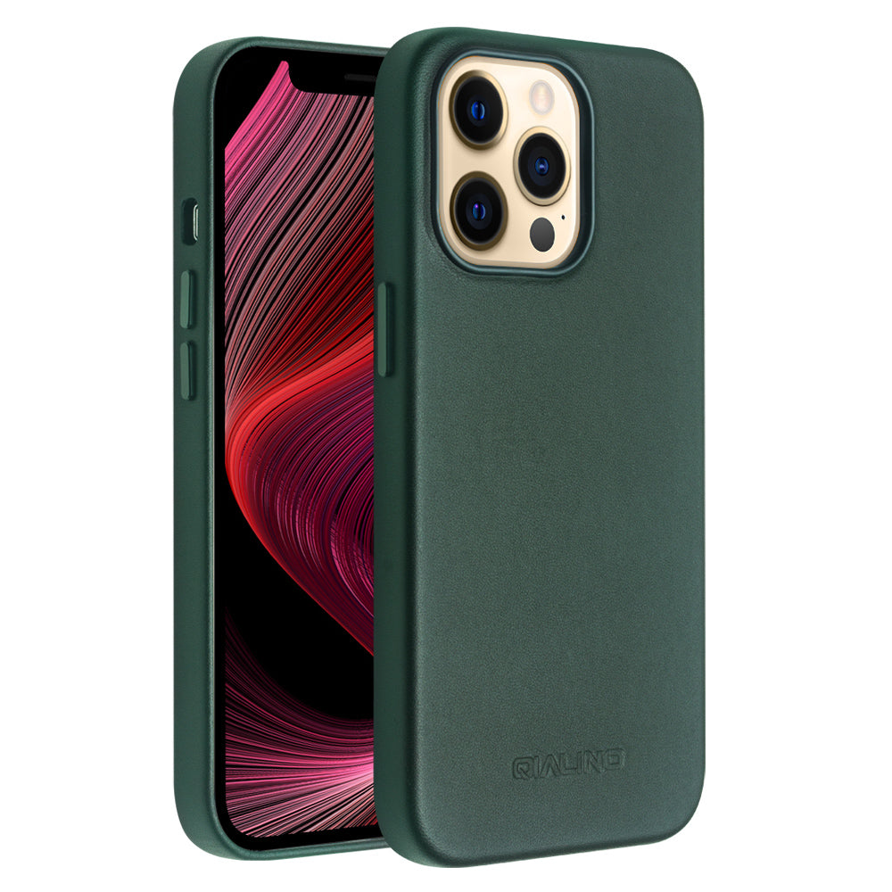 QIALINO For iPhone 13 Pro 6.1 inch Cowhide Leather Coated PC Cover Magnetic Phone Case Compatible with MagSafe Charging