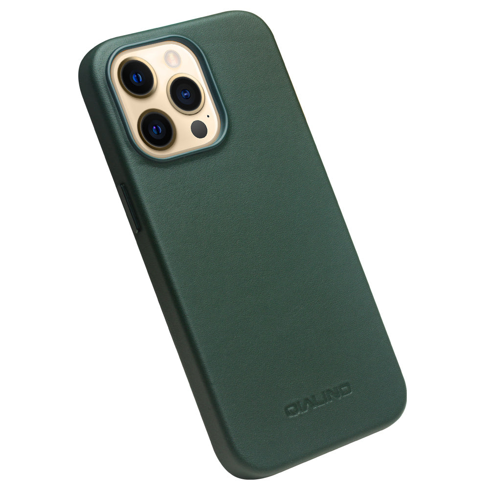 QIALINO For iPhone 13 Pro 6.1 inch Cowhide Leather Coated PC Cover Magnetic Phone Case Compatible with MagSafe Charging