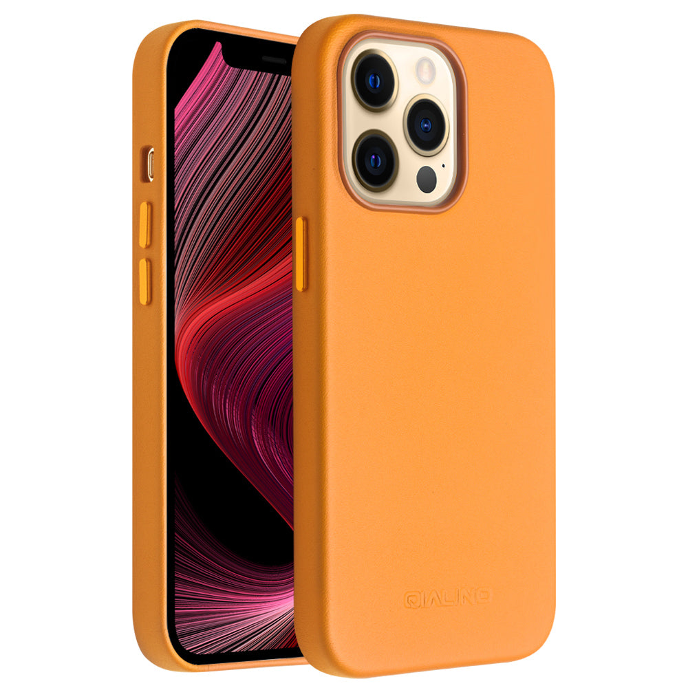 QIALINO Cowhide Leather Coated Protective Phone Case Shell Compatible with MagSafe Charging for iPhone 13 Pro Max 6.7 inch