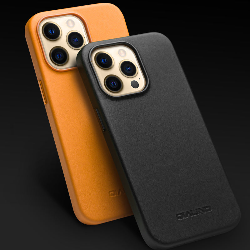 QIALINO Cowhide Leather Coated Protective Phone Case Shell Compatible with MagSafe Charging for iPhone 13 Pro Max 6.7 inch