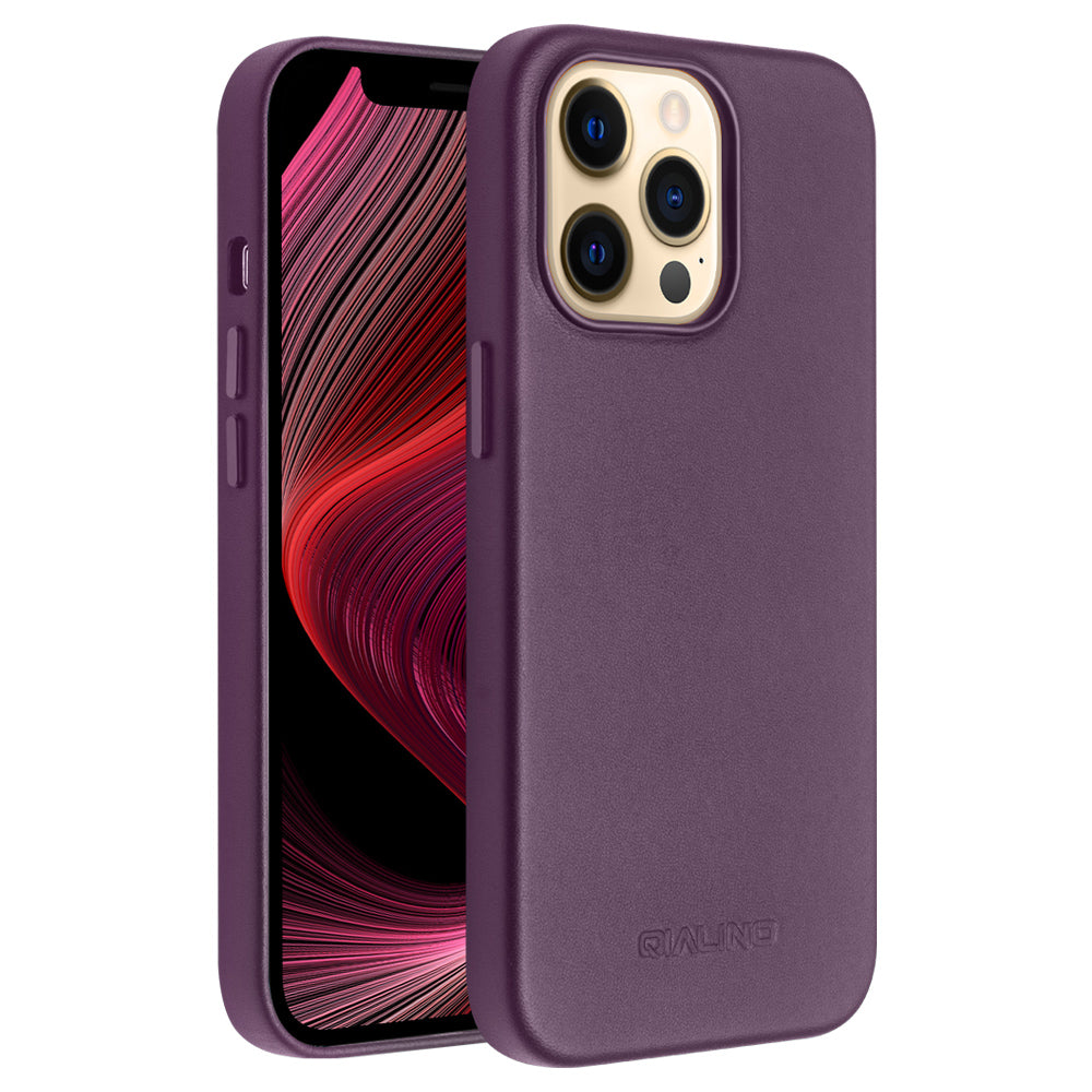 QIALINO Cowhide Leather Coated Protective Phone Case Shell Compatible with MagSafe Charging for iPhone 13 Pro Max 6.7 inch