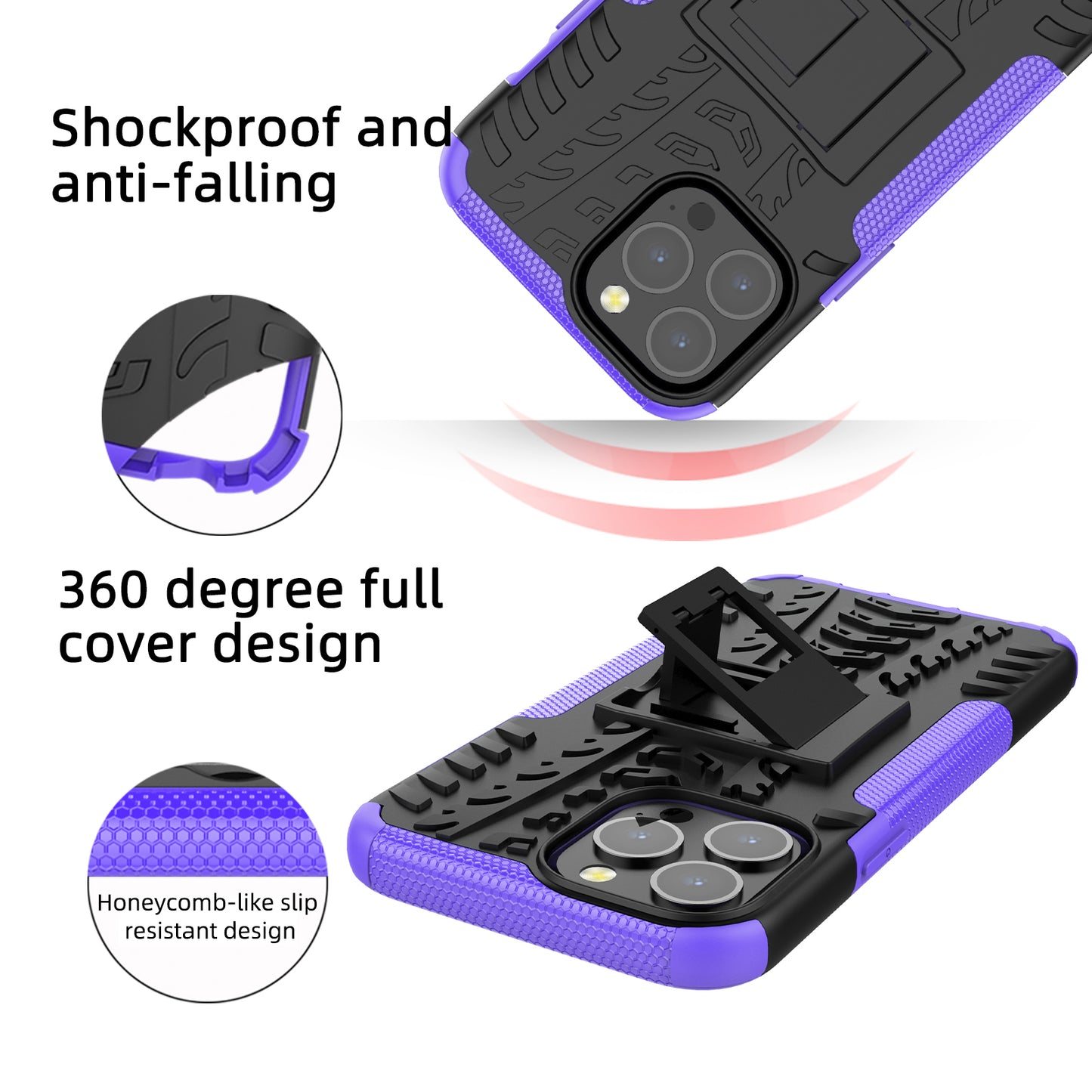 Heavy Duty Protection Tire Texture PC + TPU Shockproof Cover Case with Kickstand for iPhone 13 Pro Max 6.7 inch