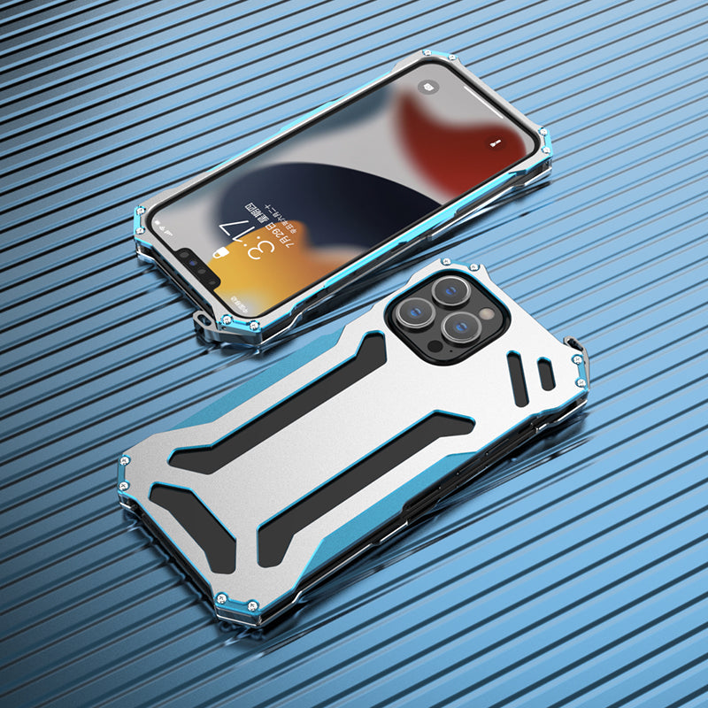 R-JUST Aluminum Alloy Metal Bumper Hollow Rugged Shockproof Cover for iPhone 13 Pro Max 6.7 inch