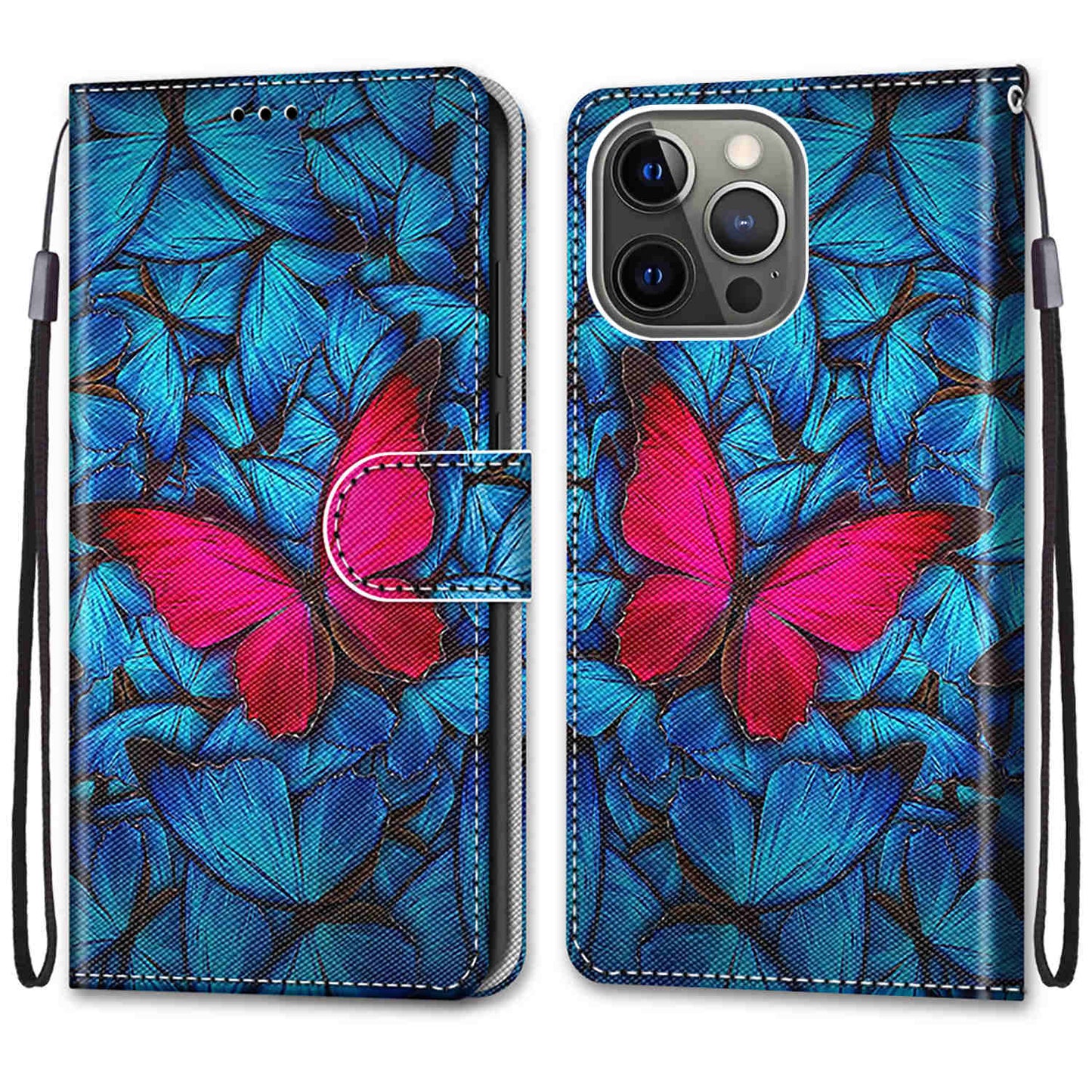 Unique Pattern Printing All-Inclusive Leather Cover Wallet Phone Case with Foldable Stand and Handy Strap for iPhone 13 Pro Max 6.7 inch
