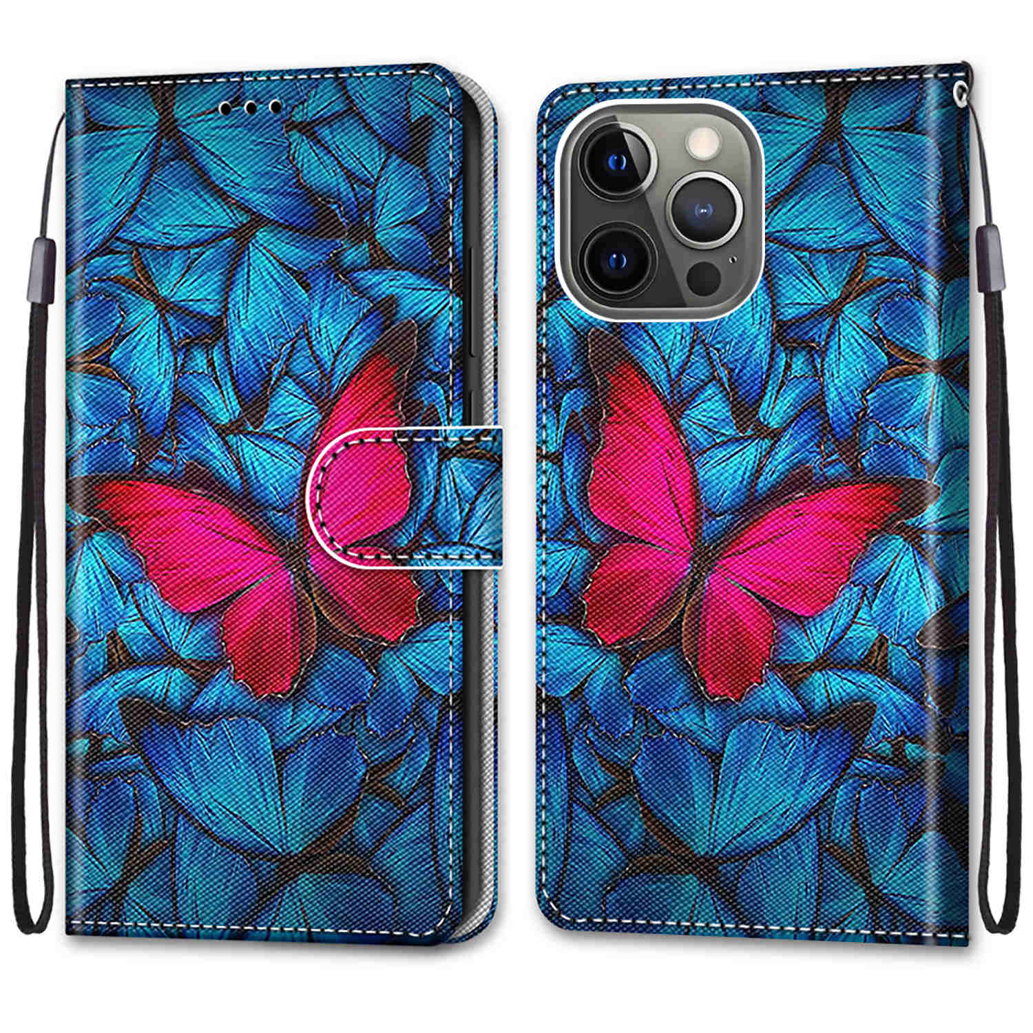 Unique Pattern Printing All-Inclusive Leather Cover Wallet Phone Case with Foldable Stand and Handy Strap for iPhone 13 Pro Max 6.7 inch