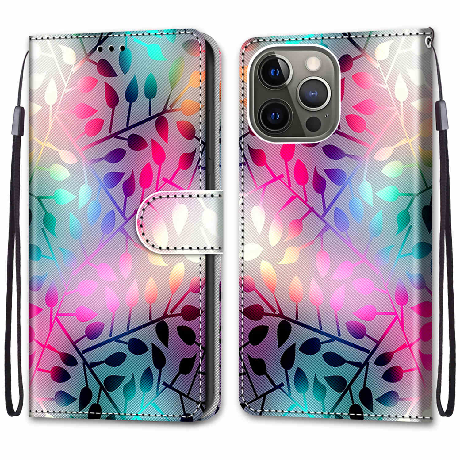 Wallet Design Pattern Printing Leather Cover Phone Case with Foldable Stand and Handy Strap for iPhone 13 Pro Max 6.7 inch