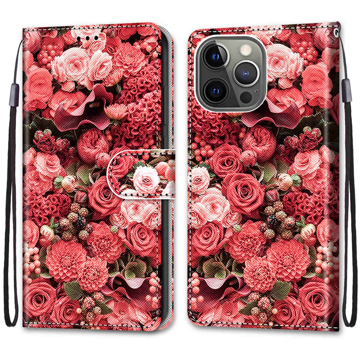 Wallet Design Pattern Printing Leather Cover Phone Case with Foldable Stand and Handy Strap for iPhone 13 Pro Max 6.7 inch