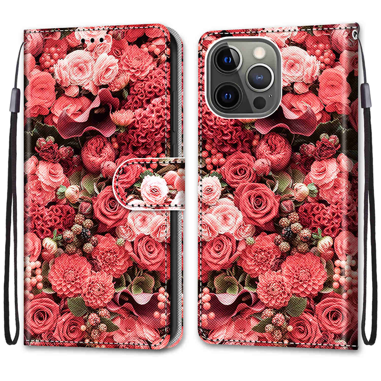 Wallet Design Pattern Printing Leather Cover Phone Case with Foldable Stand and Handy Strap for iPhone 13 Pro Max 6.7 inch