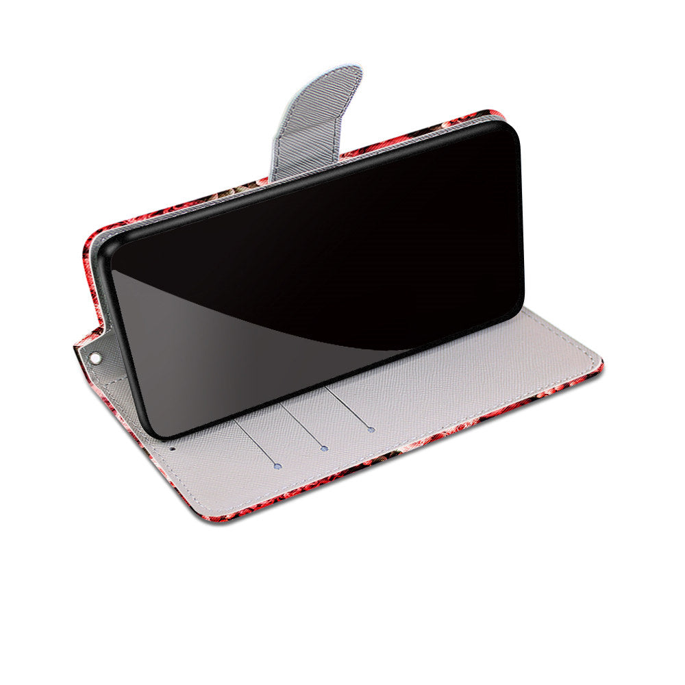 Wallet Design Pattern Printing Leather Cover Phone Case with Foldable Stand and Handy Strap for iPhone 13 Pro Max 6.7 inch