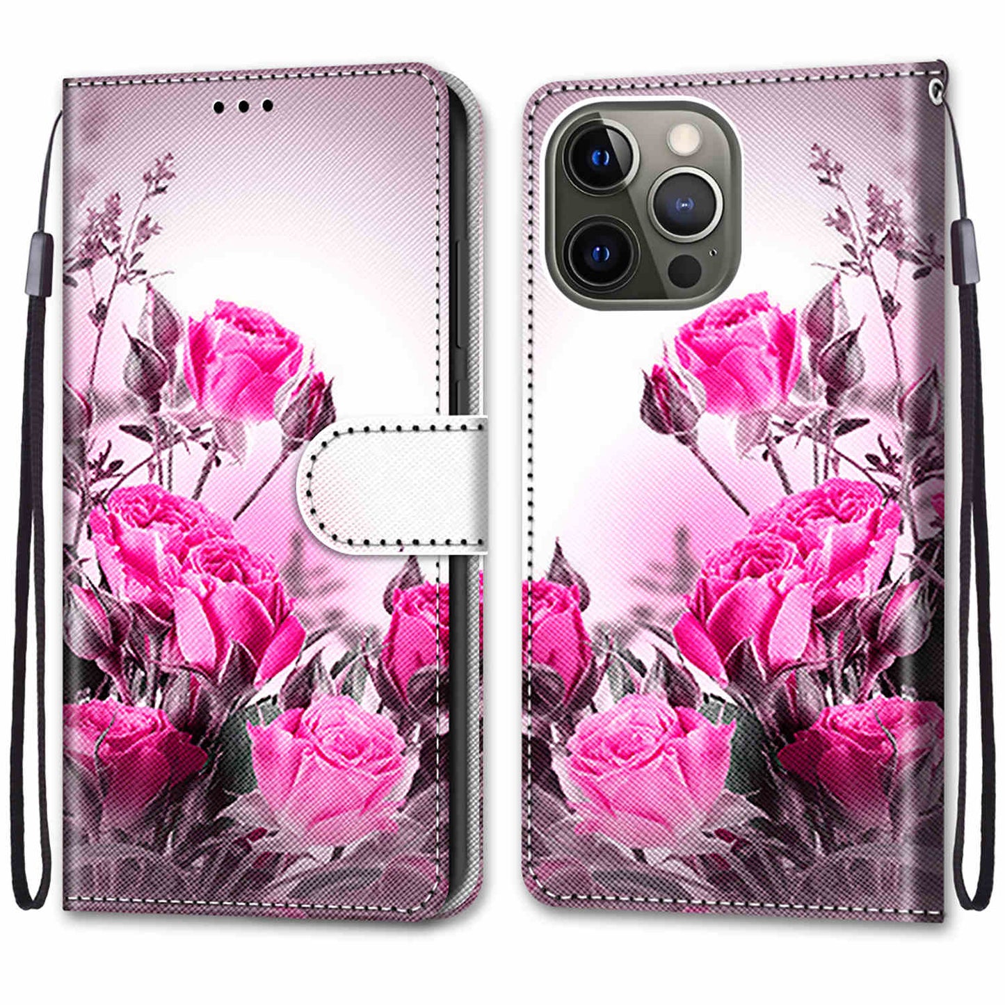 Wallet Design Pattern Printing Leather Cover Phone Case with Foldable Stand and Handy Strap for iPhone 13 Pro Max 6.7 inch