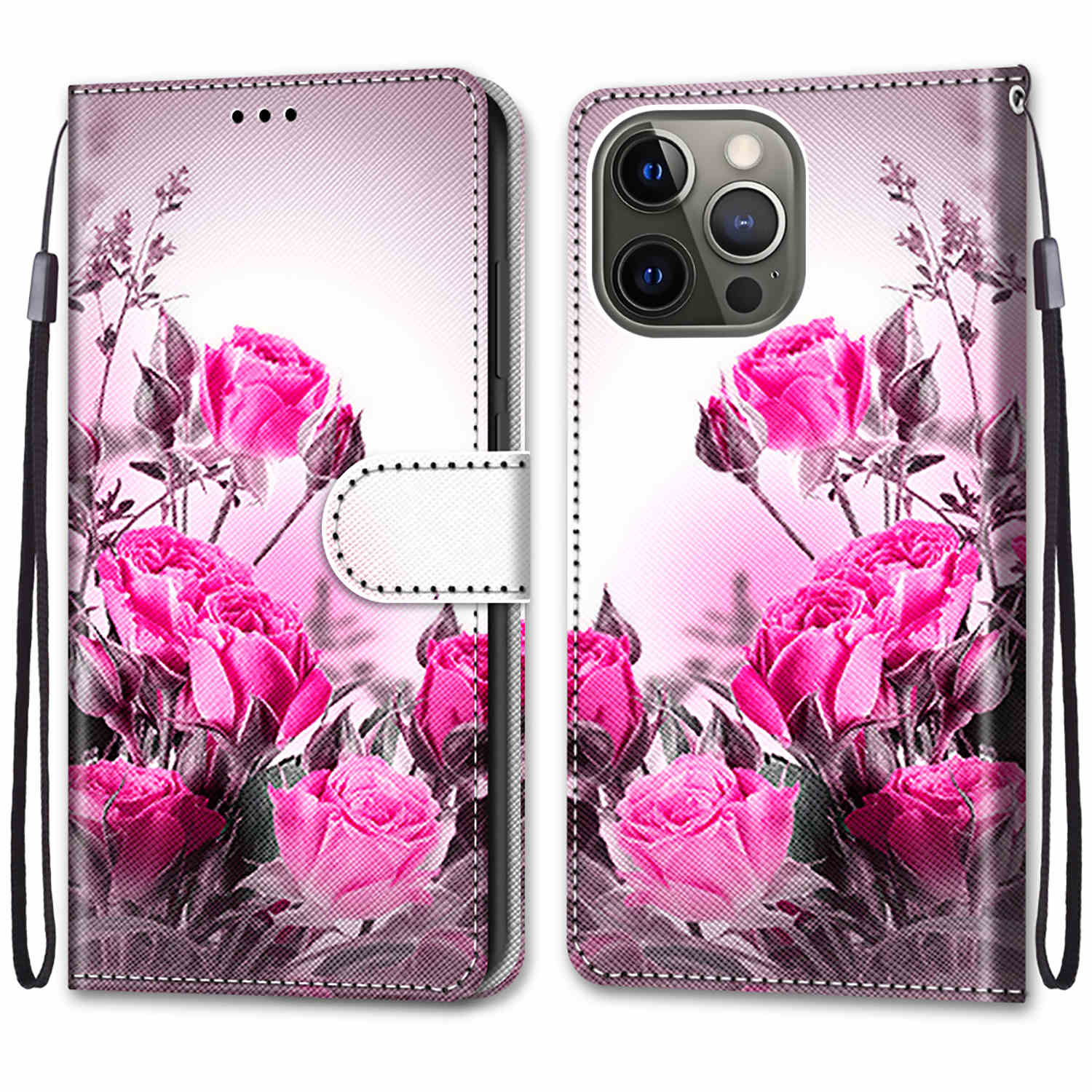 Wallet Design Pattern Printing Leather Cover Phone Case with Foldable Stand and Handy Strap for iPhone 13 Pro Max 6.7 inch