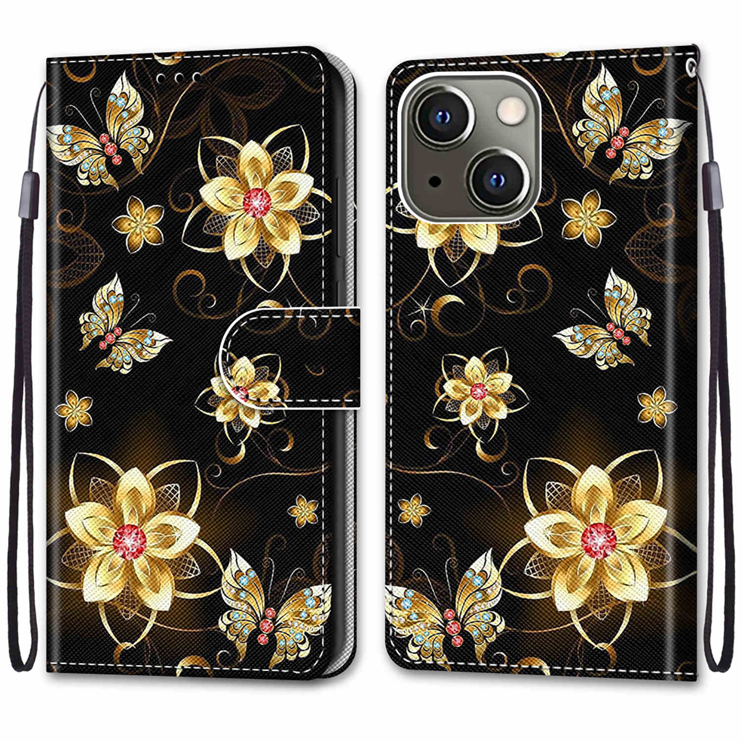 Foldable Stand Stylish Pattern Printing Shock-Proof Leather Cover Wallet Phone Case with Handy Strap for iPhone 13 6.1 inch