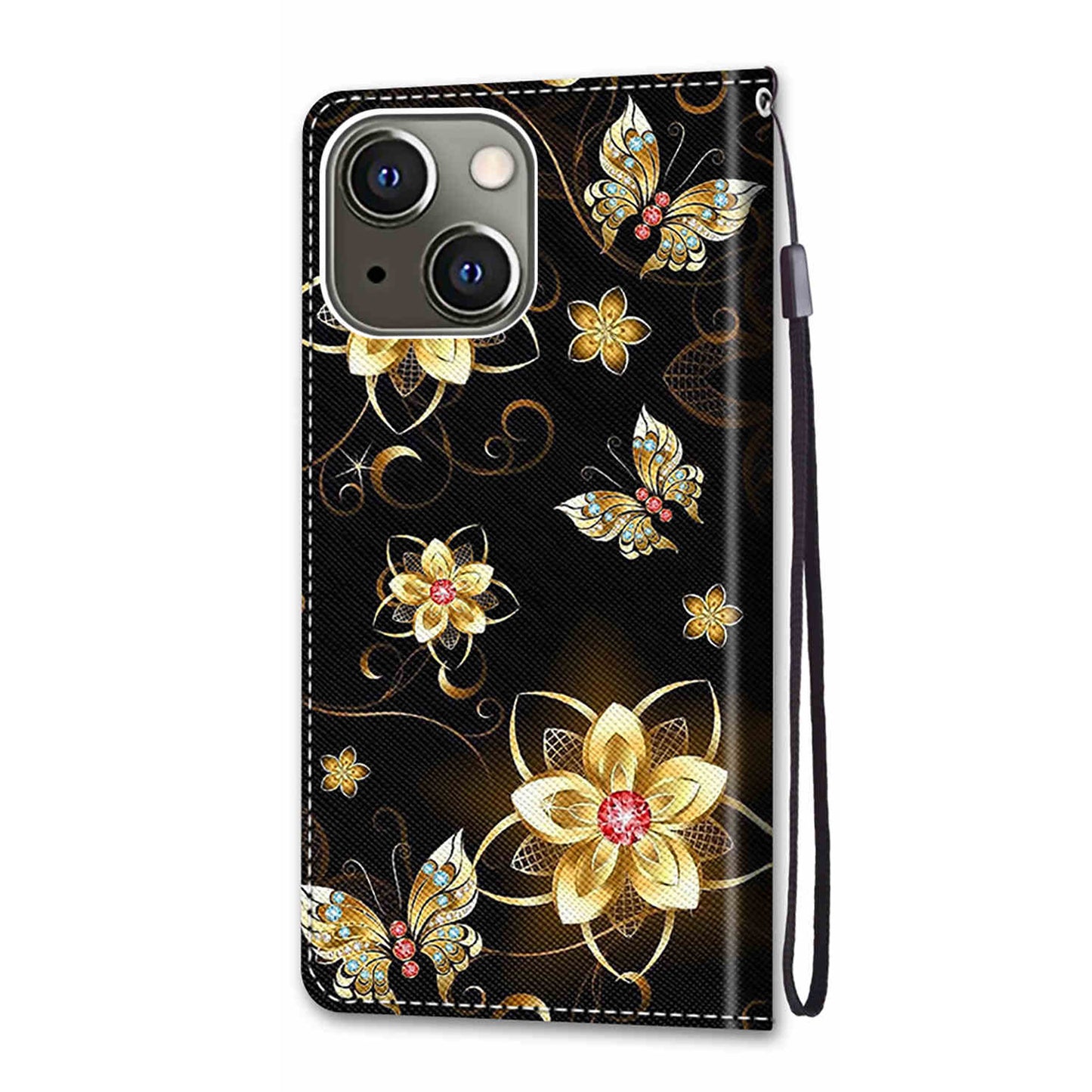 Foldable Stand Stylish Pattern Printing Shock-Proof Leather Cover Wallet Phone Case with Handy Strap for iPhone 13 6.1 inch