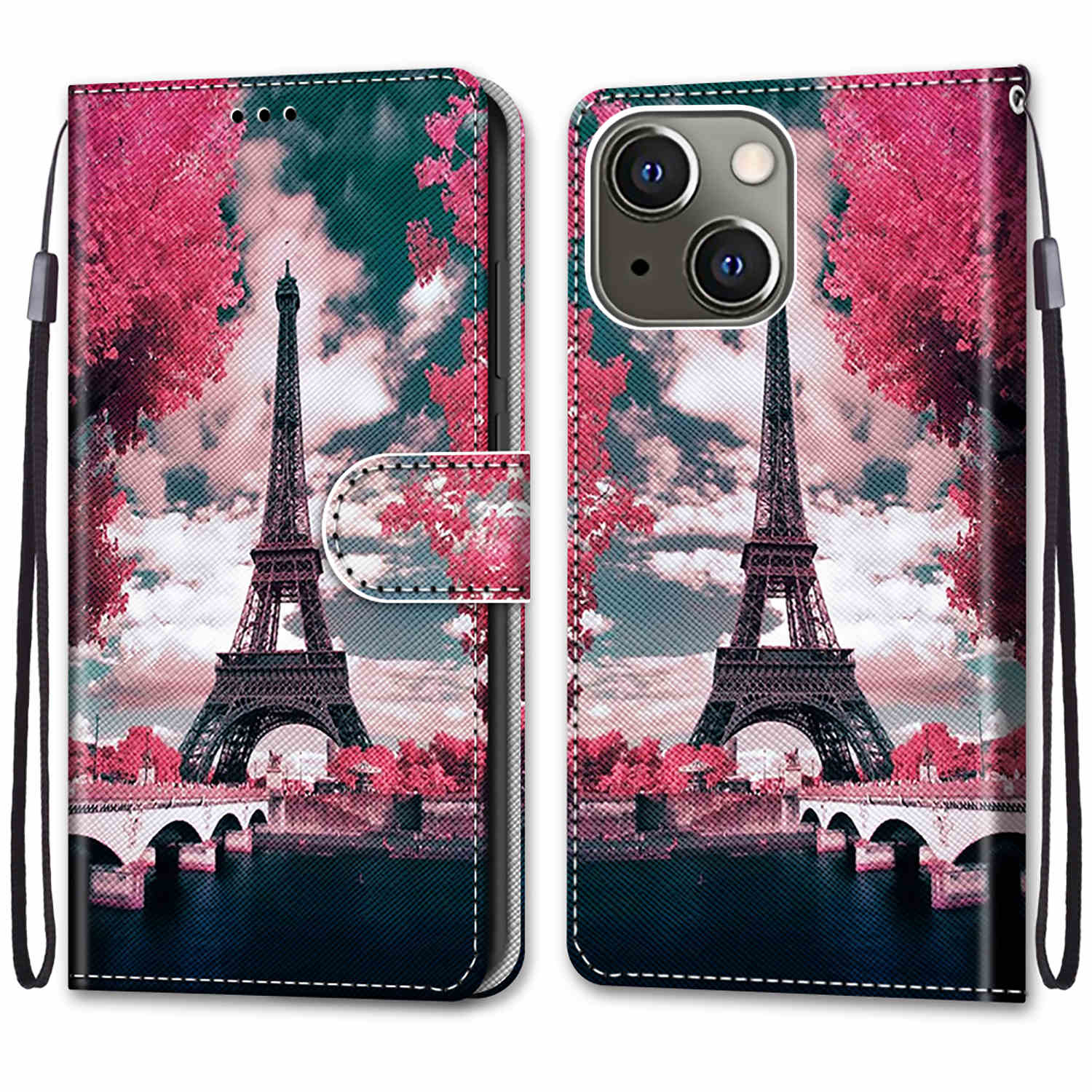 Foldable Stand Stylish Pattern Printing Shock-Proof Leather Cover Wallet Phone Case with Handy Strap for iPhone 13 6.1 inch
