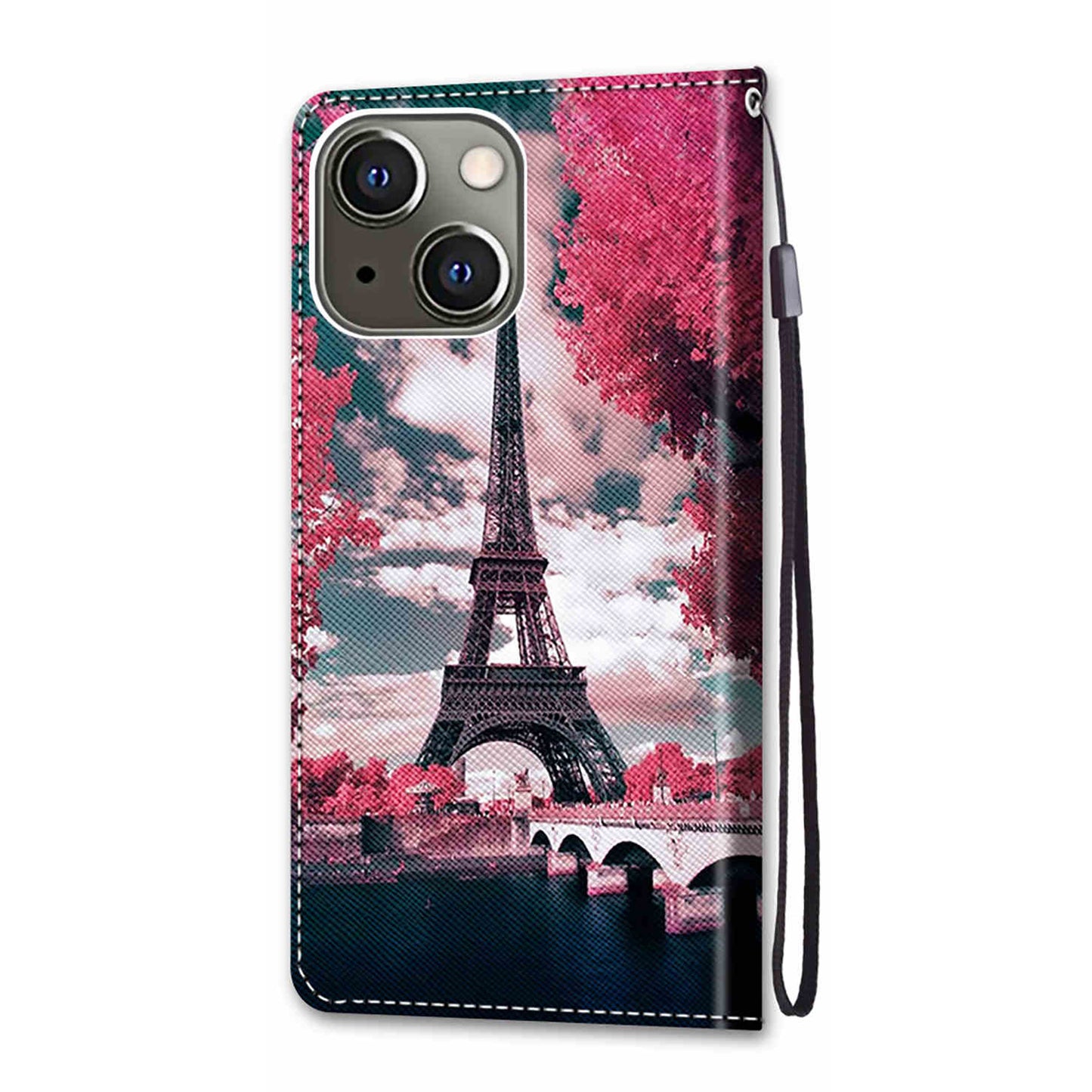 Foldable Stand Stylish Pattern Printing Shock-Proof Leather Cover Wallet Phone Case with Handy Strap for iPhone 13 6.1 inch