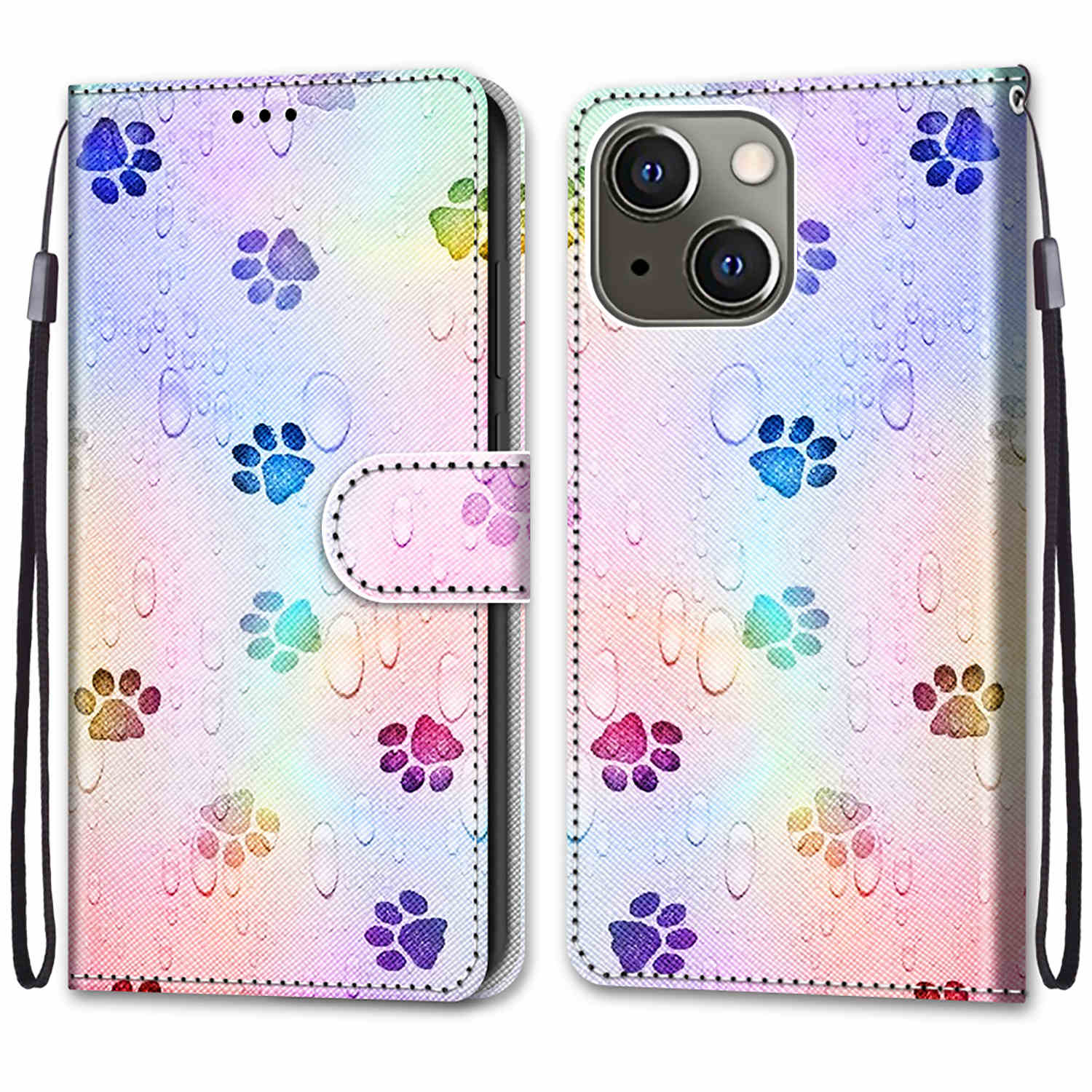 Foldable Stand Stylish Pattern Printing Shock-Proof Leather Cover Wallet Phone Case with Handy Strap for iPhone 13 6.1 inch