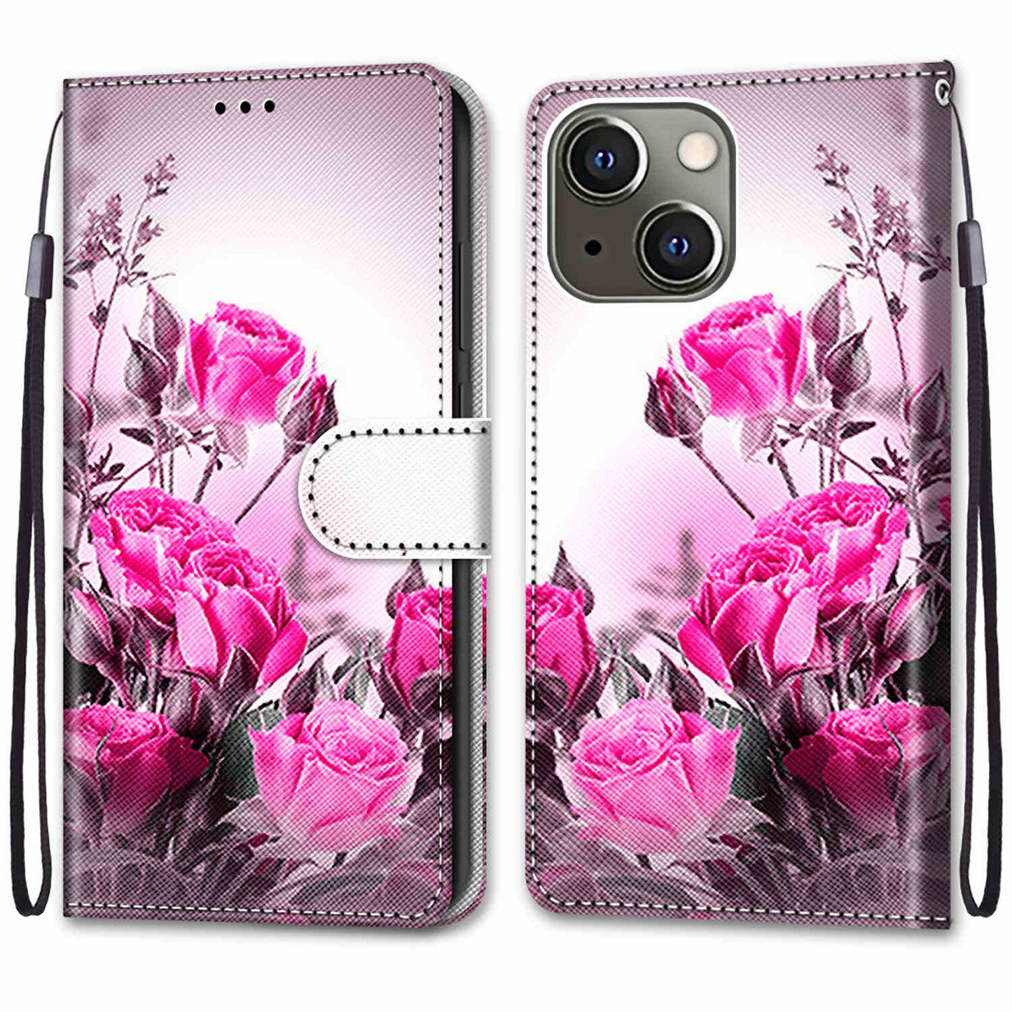 Foldable Stand Stylish Pattern Printing Shock-Proof Leather Cover Wallet Phone Case with Handy Strap for iPhone 13 6.1 inch