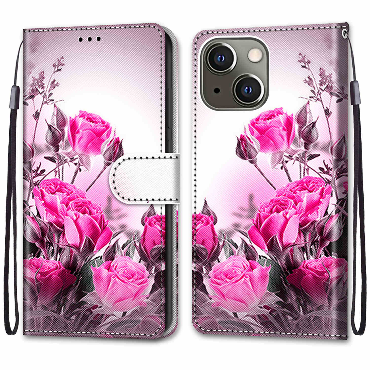 Foldable Stand Stylish Pattern Printing Shock-Proof Leather Cover Wallet Phone Case with Handy Strap for iPhone 13 6.1 inch