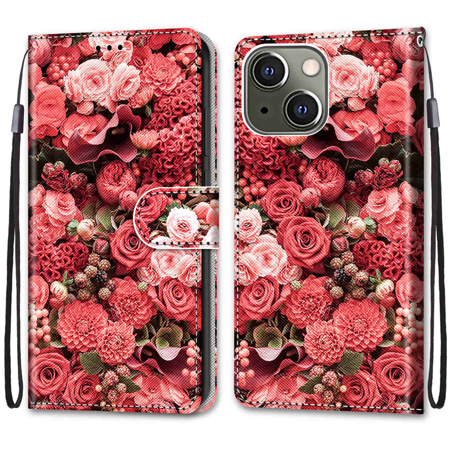 Foldable Stand Stylish Pattern Printing Shock-Proof Leather Cover Wallet Phone Case with Handy Strap for iPhone 13 6.1 inch
