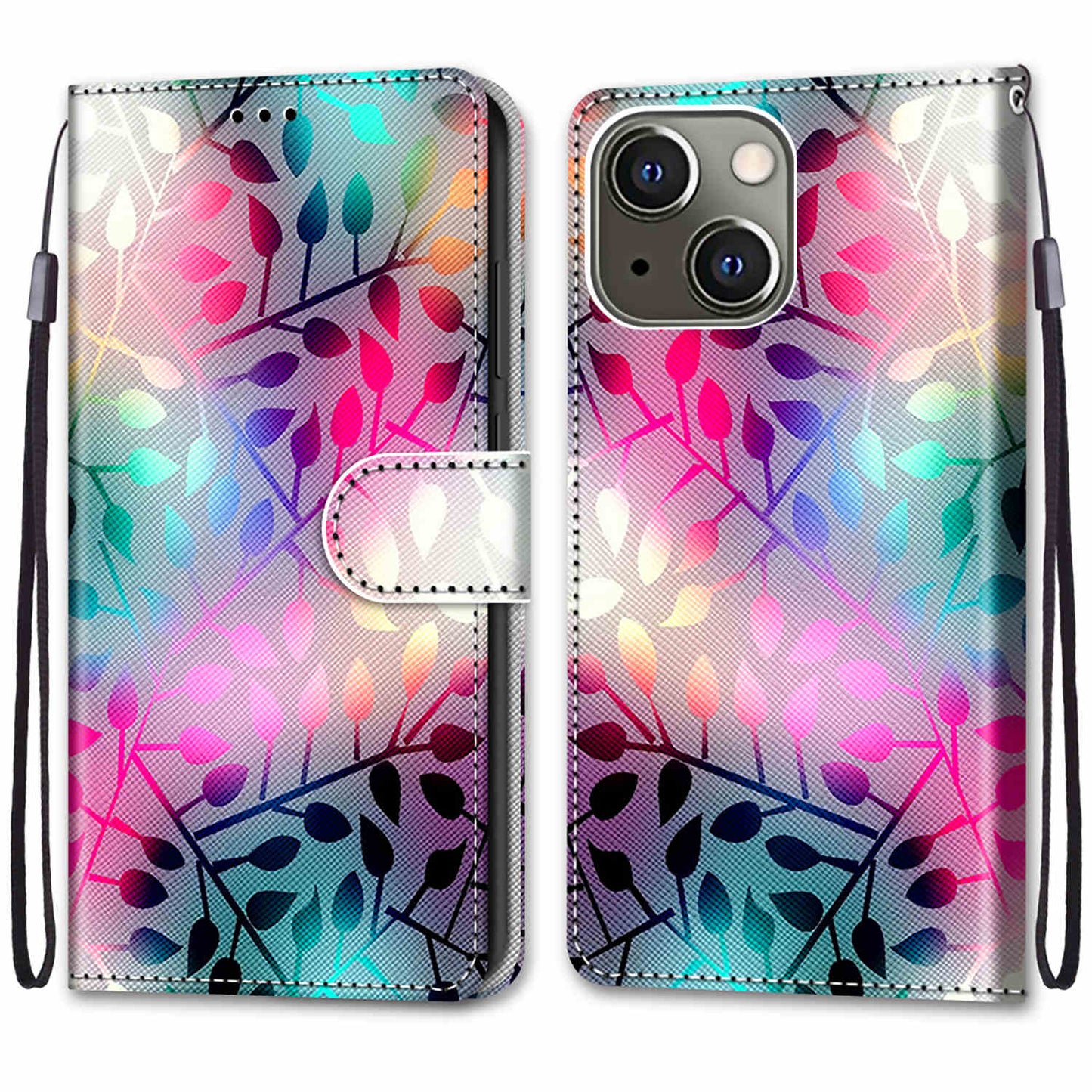 Foldable Stand Stylish Pattern Printing Shock-Proof Leather Cover Wallet Phone Case with Handy Strap for iPhone 13 6.1 inch