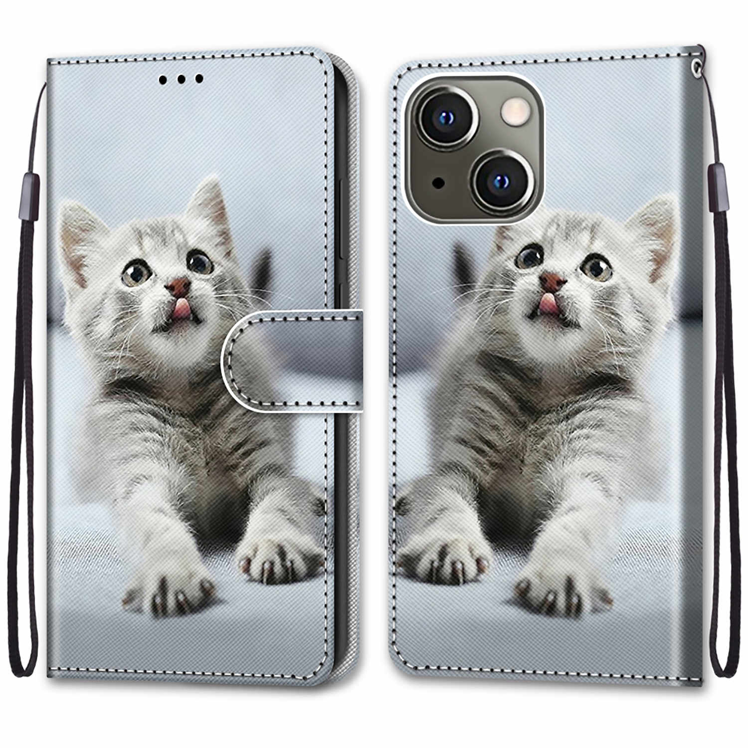 Foldable Stand Stylish Pattern Printing Shock-Proof Leather Cover Wallet Phone Case with Handy Strap for iPhone 13 6.1 inch