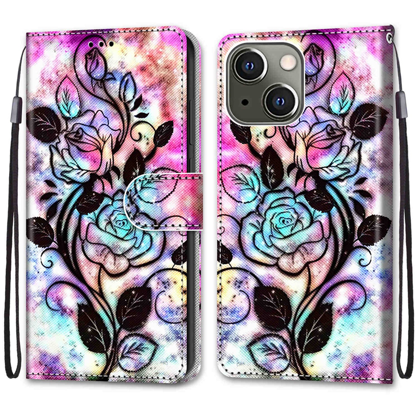 Foldable Stand Stylish Pattern Printing Shock-Proof Leather Cover Wallet Phone Case with Handy Strap for iPhone 13 6.1 inch