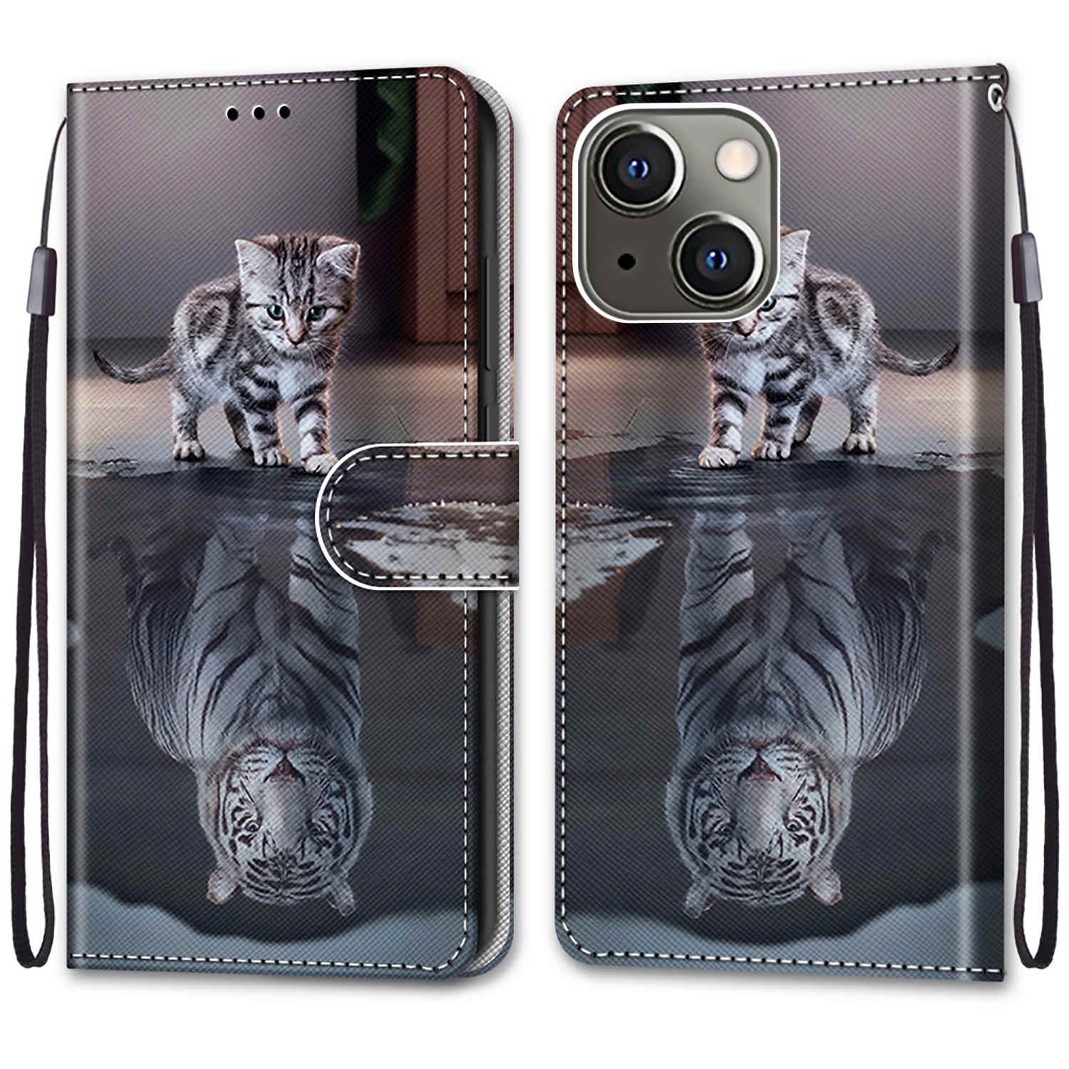 Foldable Stand Stylish Pattern Printing Shock-Proof Leather Cover Wallet Phone Case with Handy Strap for iPhone 13 6.1 inch