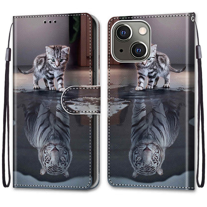 Foldable Stand Stylish Pattern Printing Shock-Proof Leather Cover Wallet Phone Case with Handy Strap for iPhone 13 6.1 inch