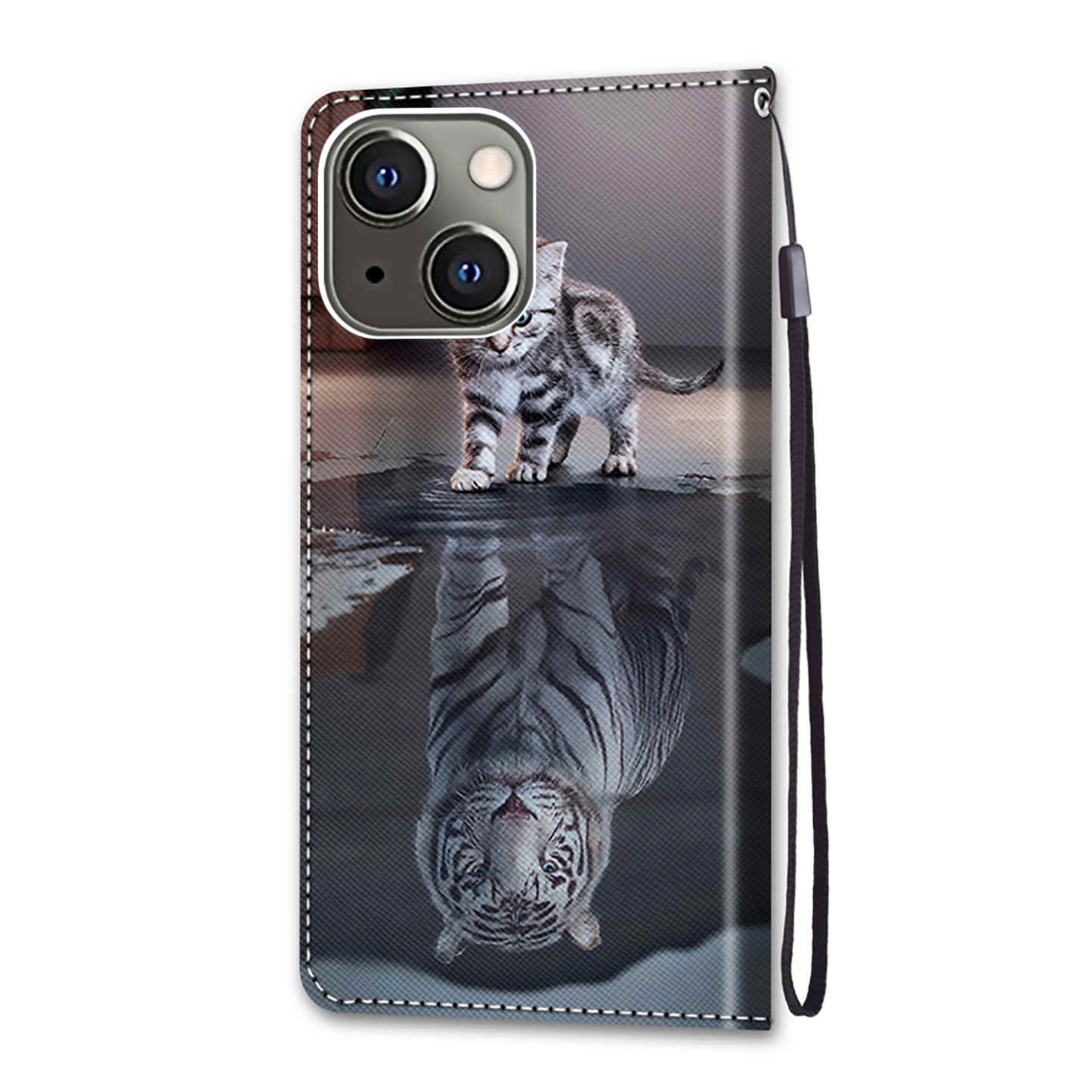Foldable Stand Stylish Pattern Printing Shock-Proof Leather Cover Wallet Phone Case with Handy Strap for iPhone 13 6.1 inch