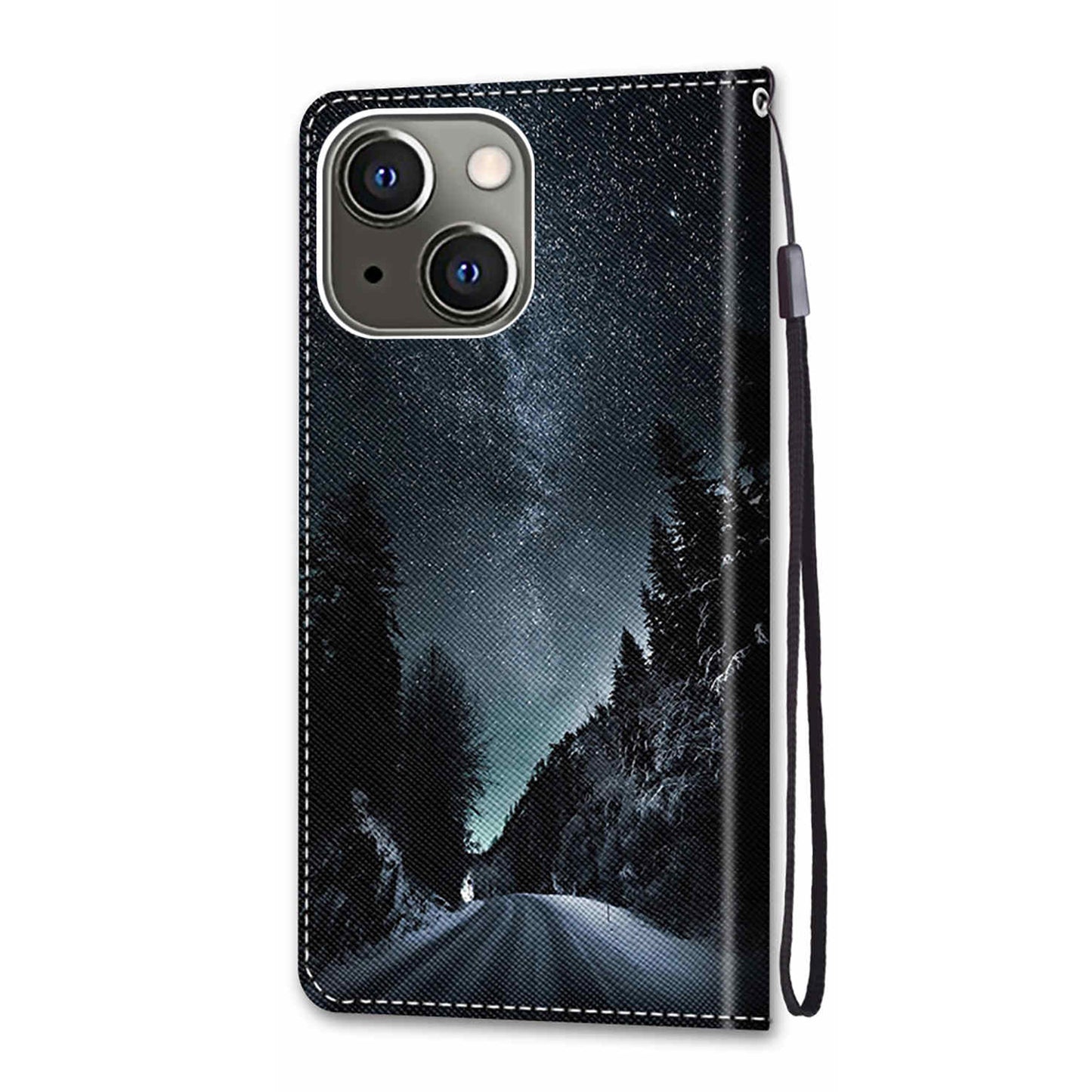 Foldable Stand Stylish Pattern Printing Shock-Proof Leather Cover Wallet Phone Case with Handy Strap for iPhone 13 6.1 inch