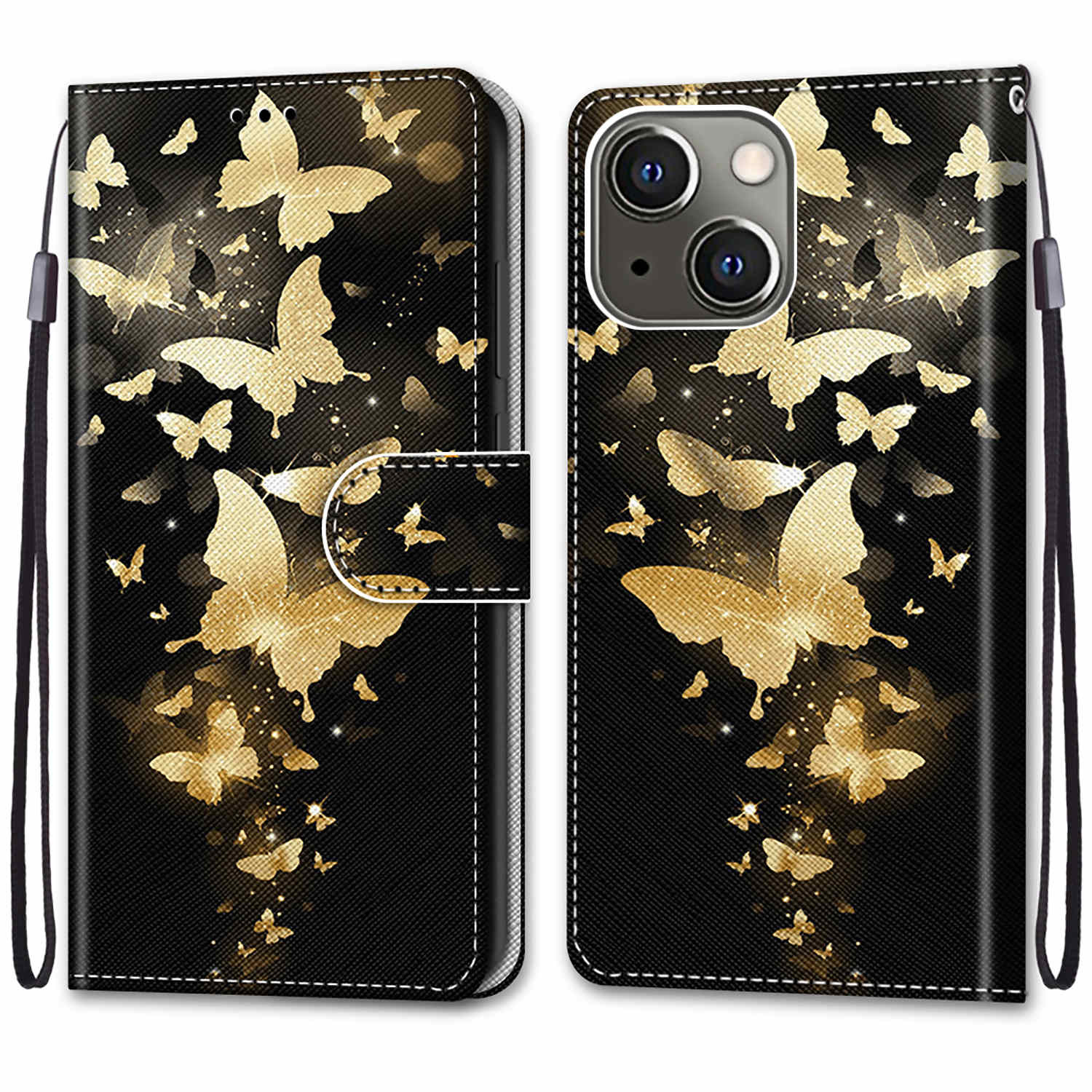 Foldable Stand Stylish Pattern Printing Shock-Proof Leather Cover Wallet Phone Case with Handy Strap for iPhone 13 6.1 inch