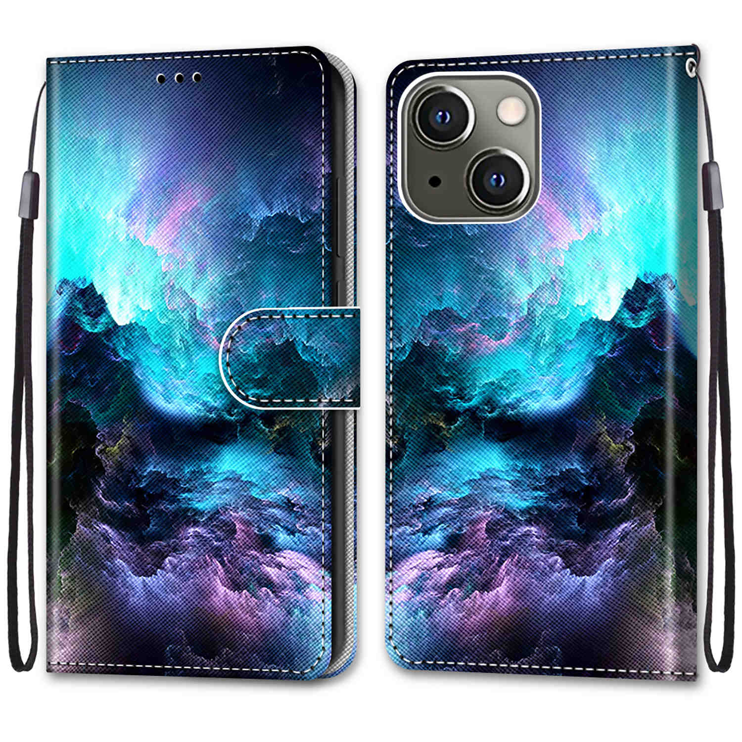 Foldable Stand Stylish Pattern Printing Shock-Proof Leather Cover Wallet Phone Case with Handy Strap for iPhone 13 6.1 inch